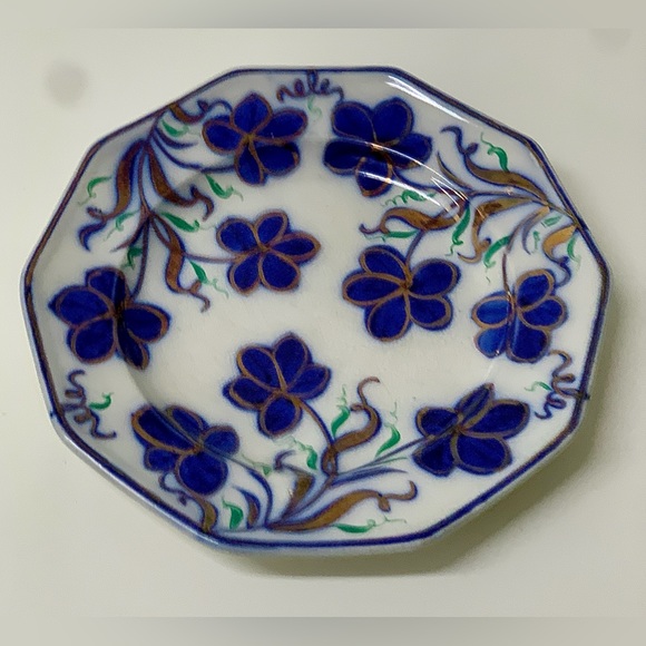 19th Century Vtg Gaudy Ironstone 10 Sided Flow Blue Copper Lusterware Plate - Picture 14 of 15